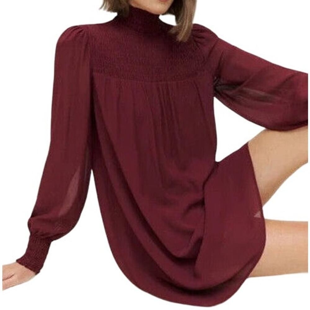 Reformation Women's Burgundy Long Sleeve Smocked Brandi Dress Size XSP